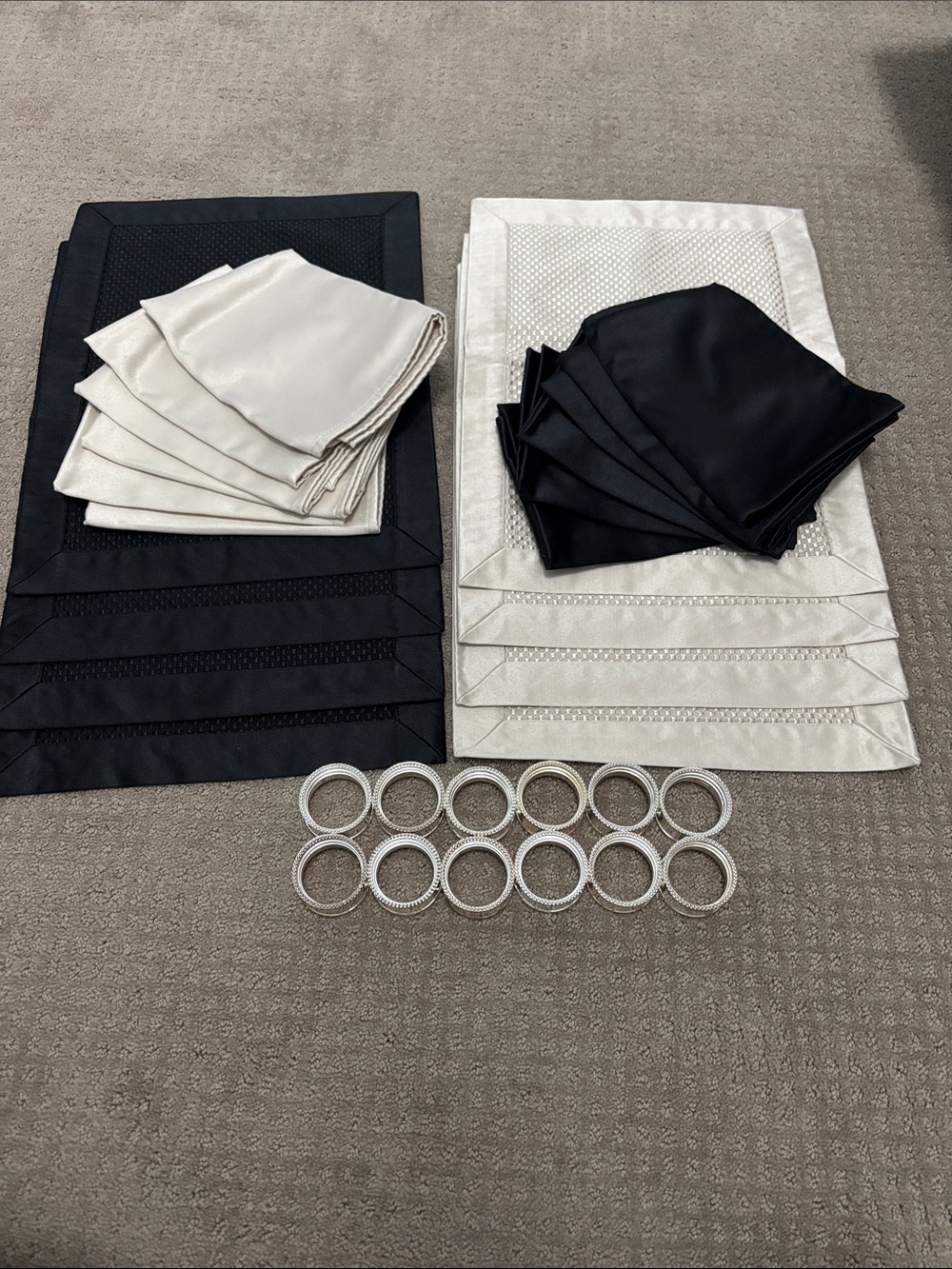 Black & Champaign satin placemats, cloth napkins, napkin holders